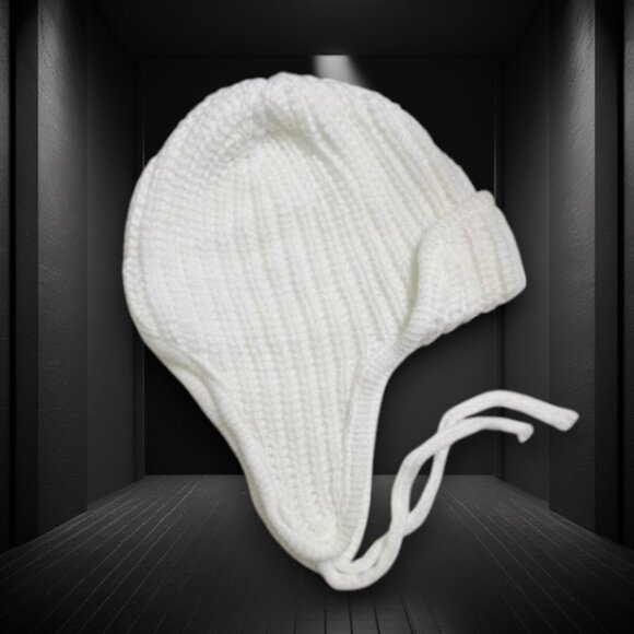 White Knitted Winter Bonnet Hat with Ties – Soft & Cozy - Picture 2 of 6
